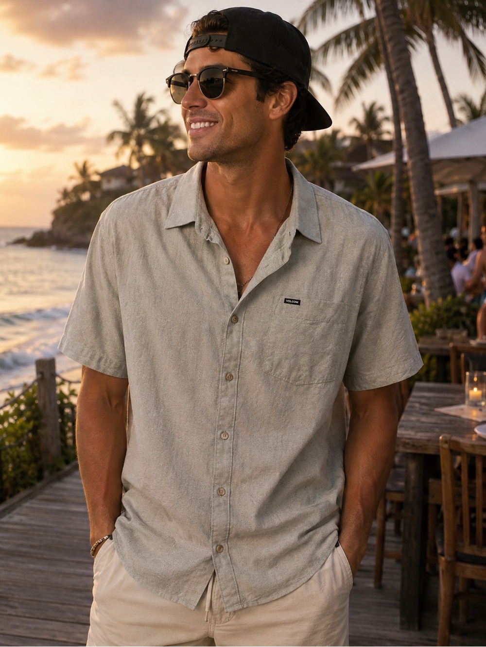 Volcom Men's Short-Sleeve Button-Down Shirt in Stone